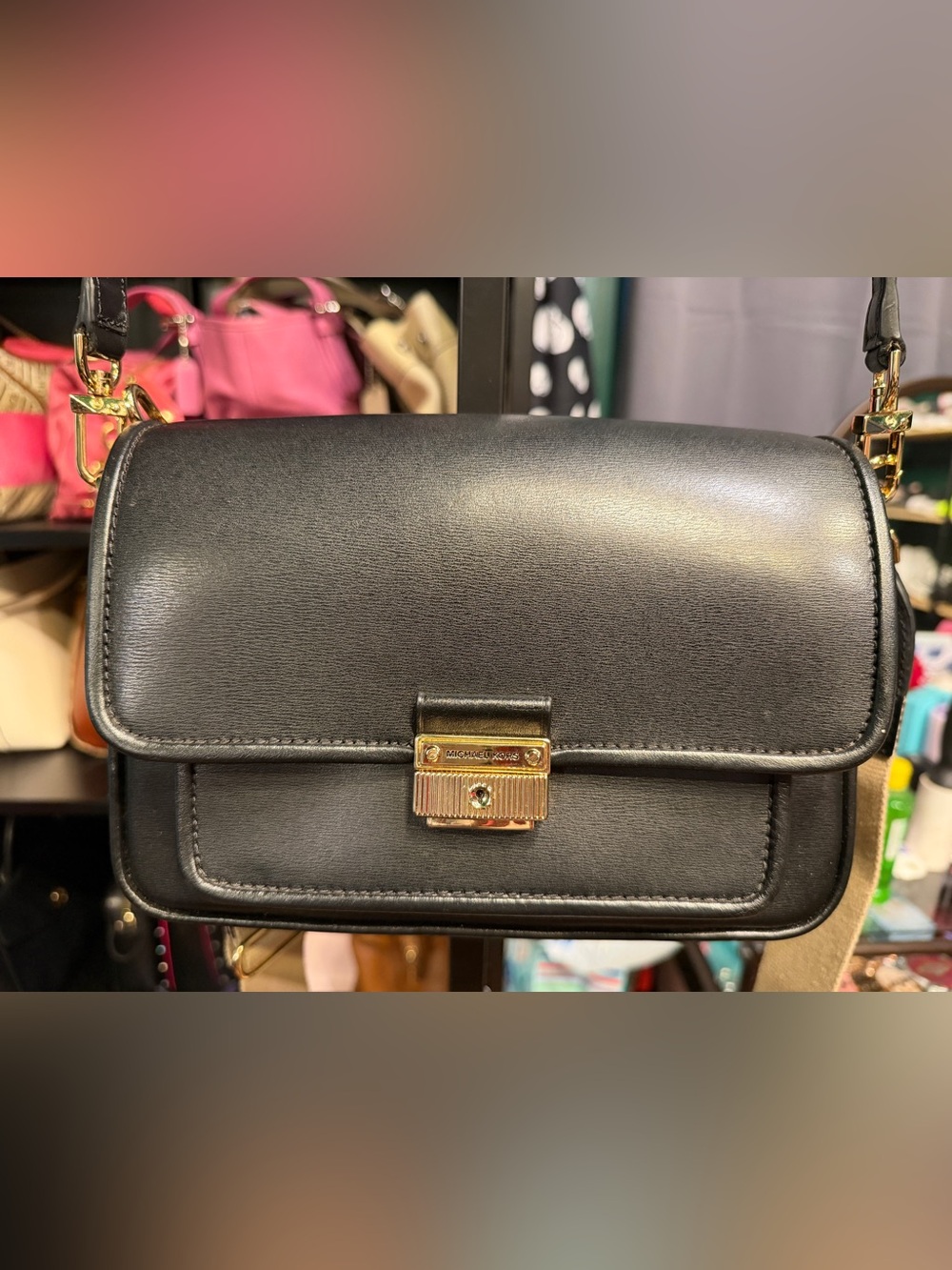 Michael Kors Black Leather Crossbody with Gold-Tone Push Lock